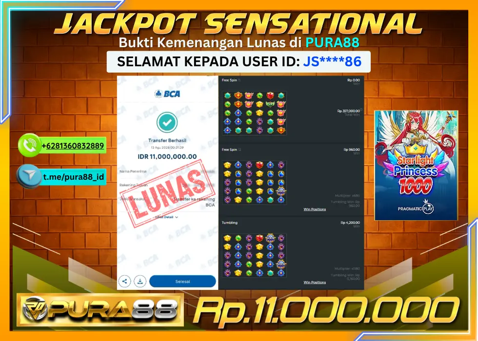 PURA88 JACKPOT STARLIGHT PRINCESS 1000 Rp 11.000.000,- LUNAS